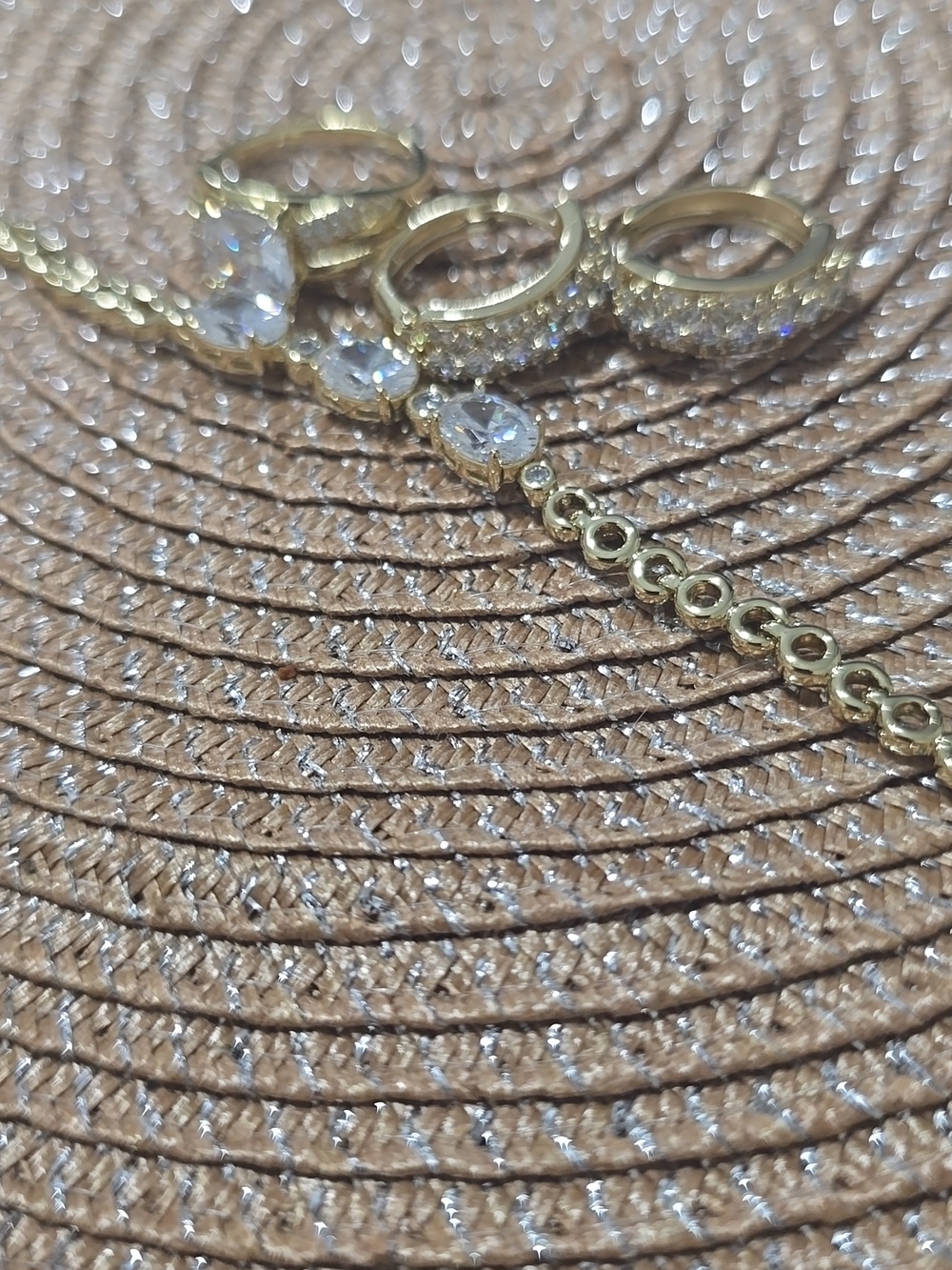 Gold Tone Cubic Zirconia Ring and Bracelet And Earring Set - Gold